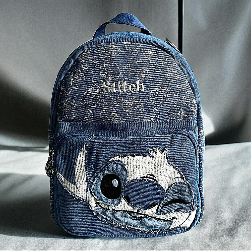 Disney Stitch Blue Denim Embroidered Medium Backpack